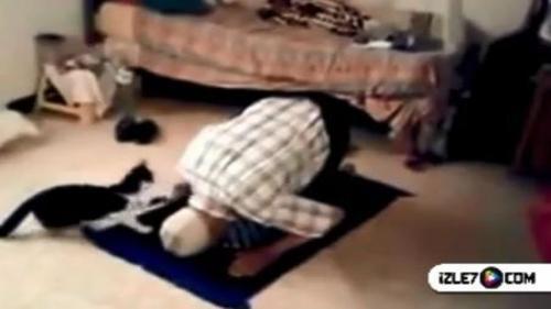 NAMAZ KILAN DEDEYİ RAHAT BIRAKMAYAN KEDİ
